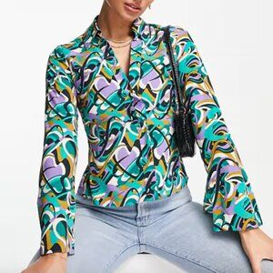 ASOS - Slim-Fit Button Front Long-Sleeve Blouse - Purple/Green Swirl